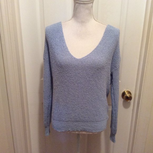 Line & Dot Sweater MP Light Blue Deep Twist Crossover Neck Long Sleeve - Picture 2 of 7